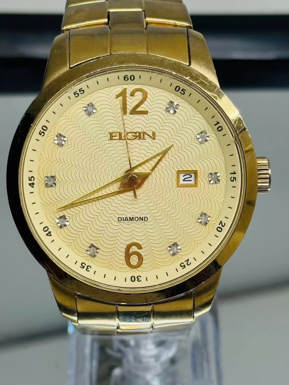 Vintage Elgin Men Gold Tone Quartz Watch Diamond Dial Date 46mm New Battery Runs